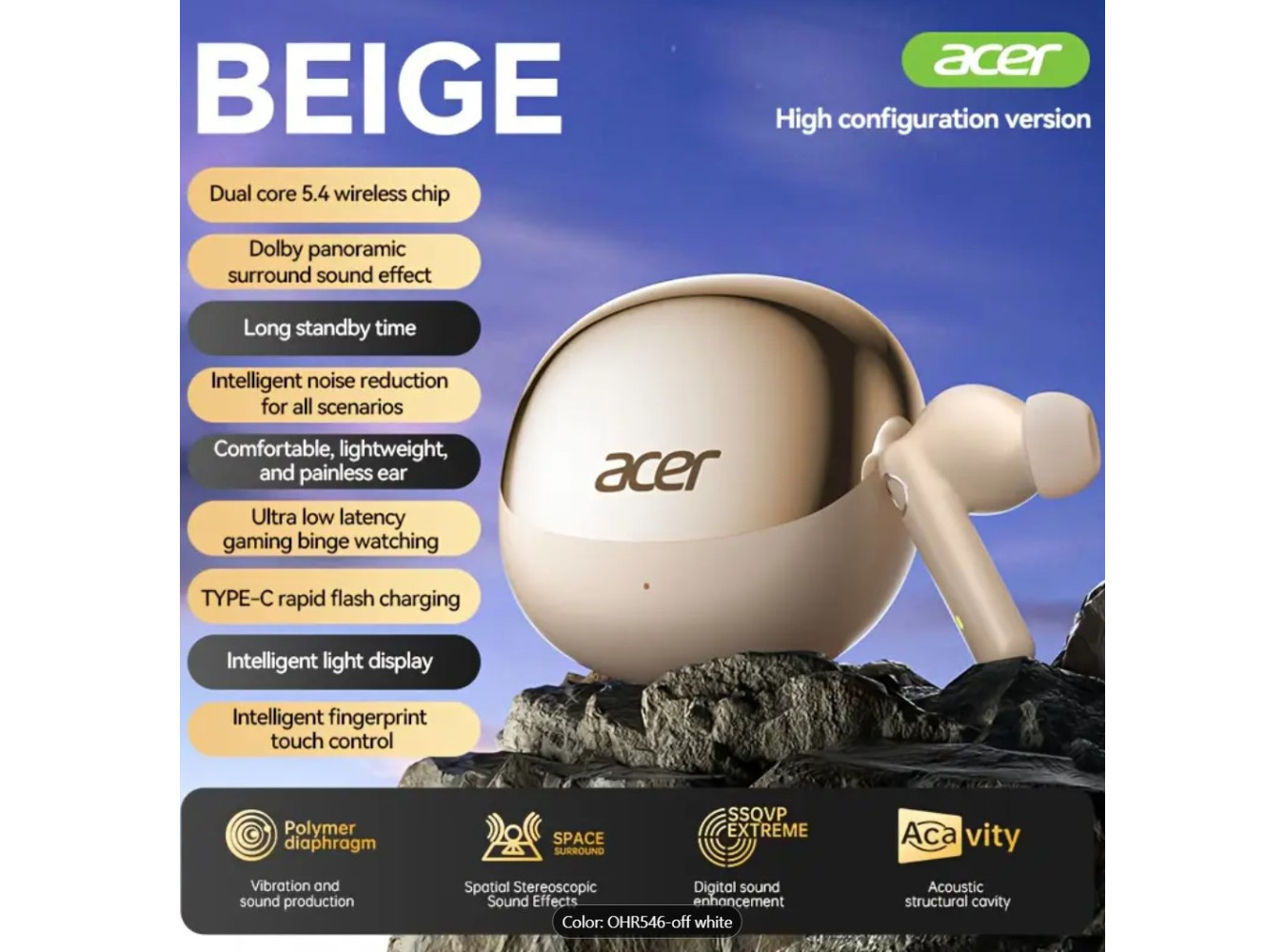ACER HiFi True Wireless Stereo Earbuds [Beige Color]