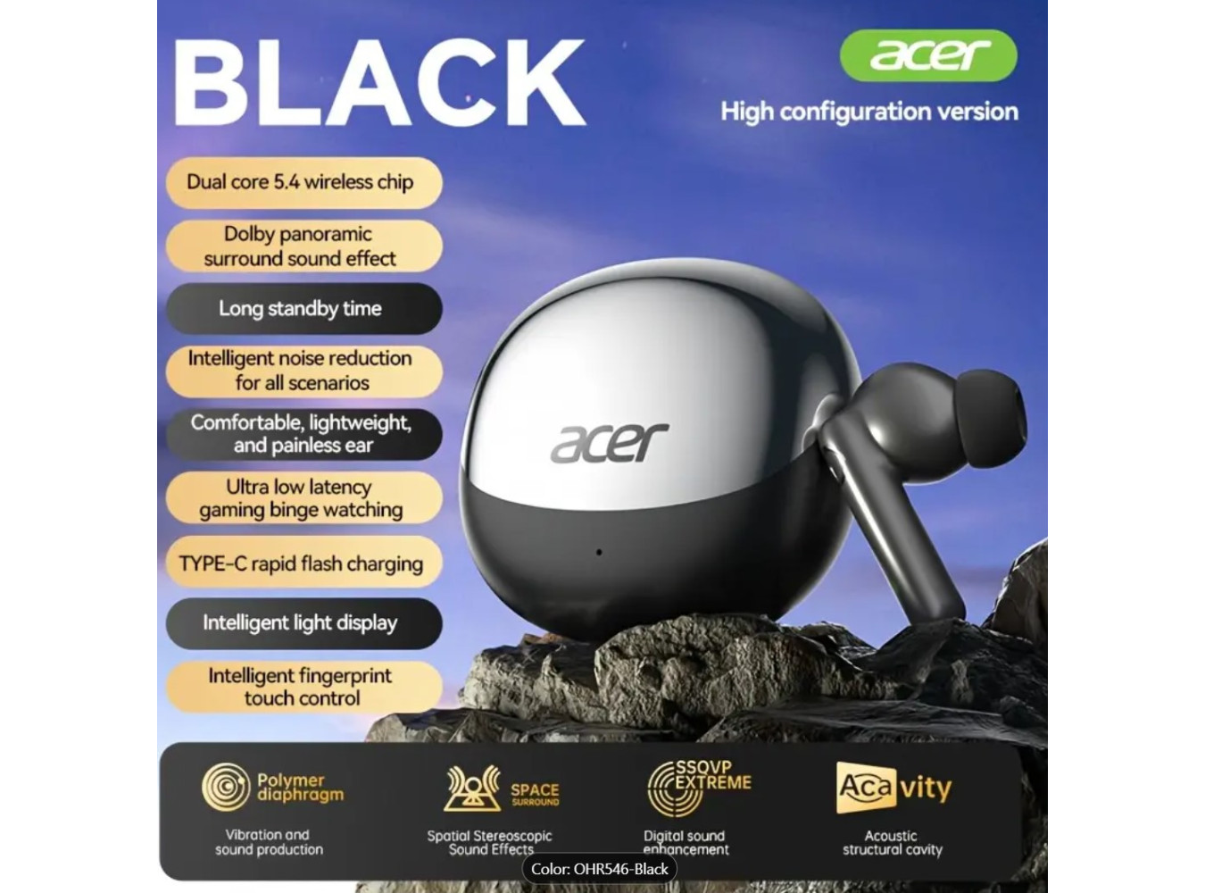 ACER HiFi True Wireless Stereo Earbuds [Black Color]