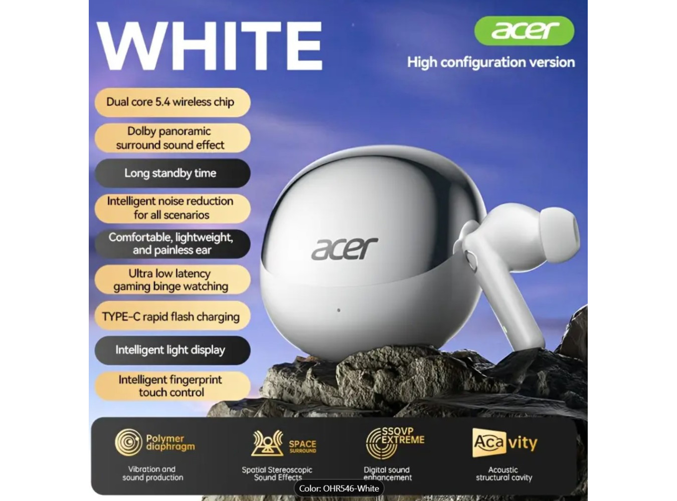 ACER HiFi True Wireless Stereo Earbuds [White Color]
