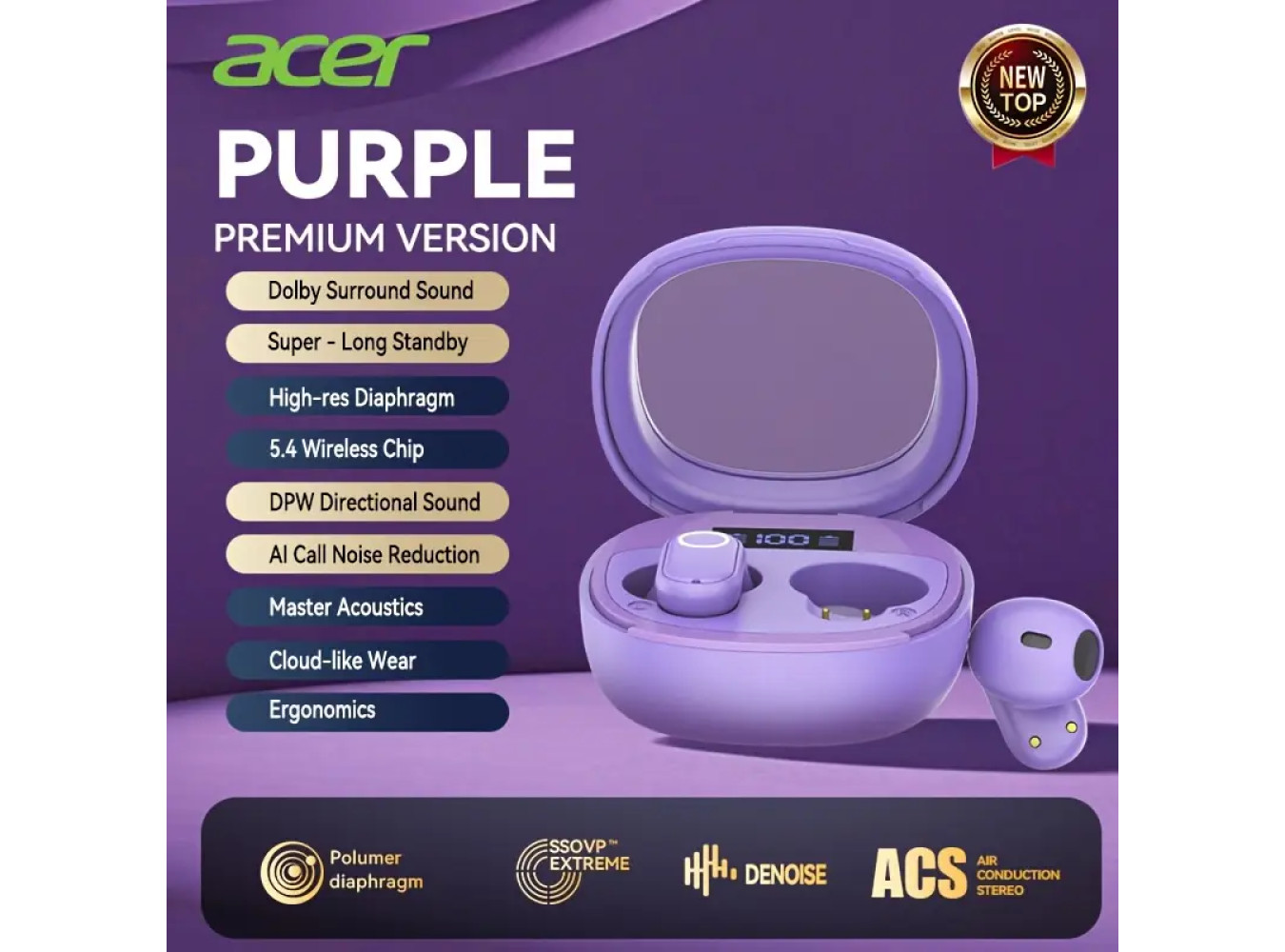 Acer 2025 TWS Earbuds [Purple Color]