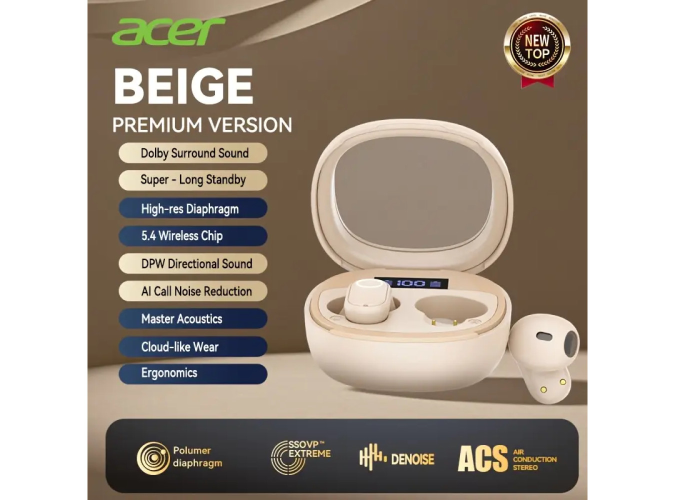 Acer 2025 TWS Earbuds [Beige Color]