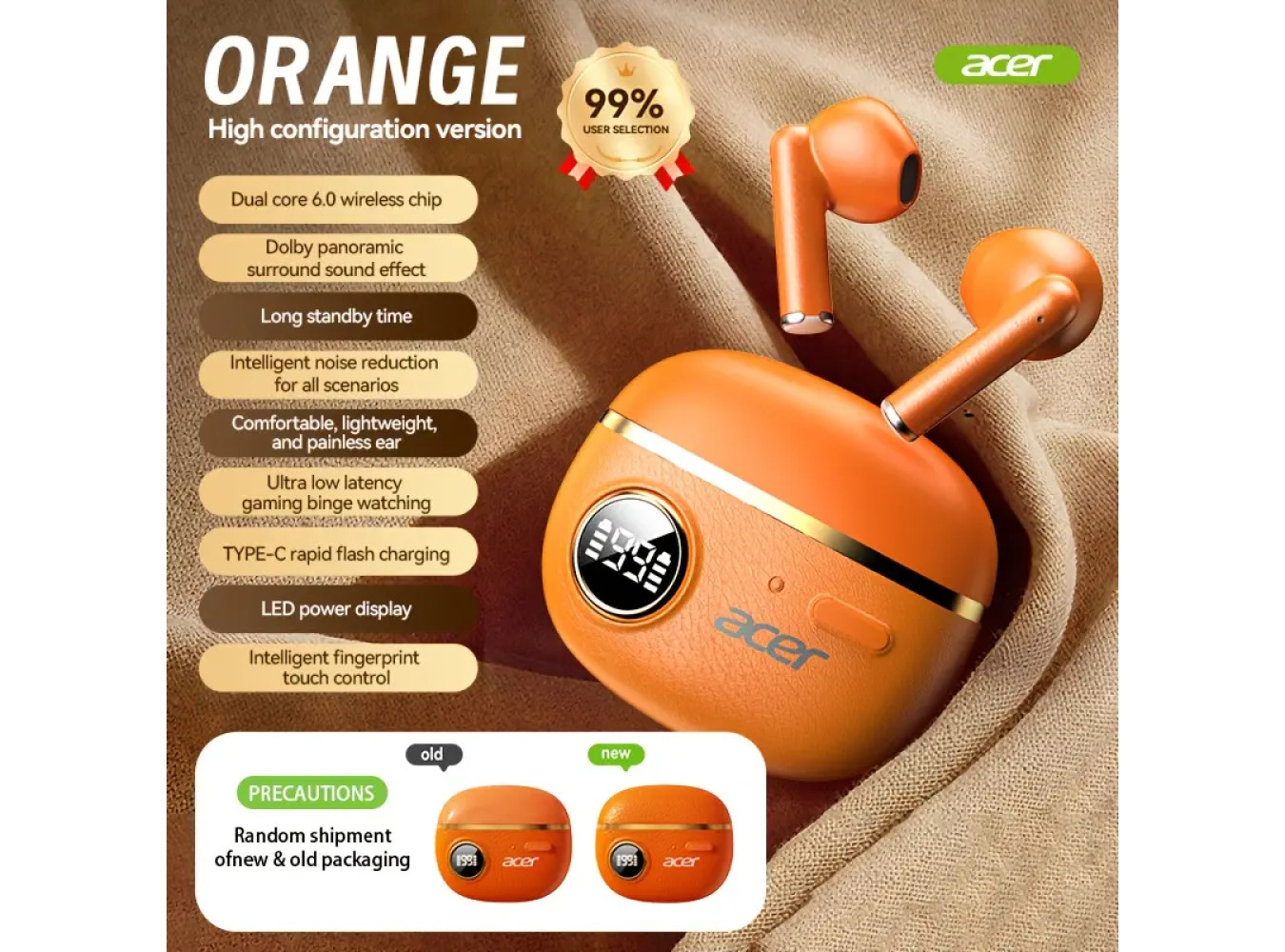 Acer 2025 TWS Wireless Headset [Orange Color]