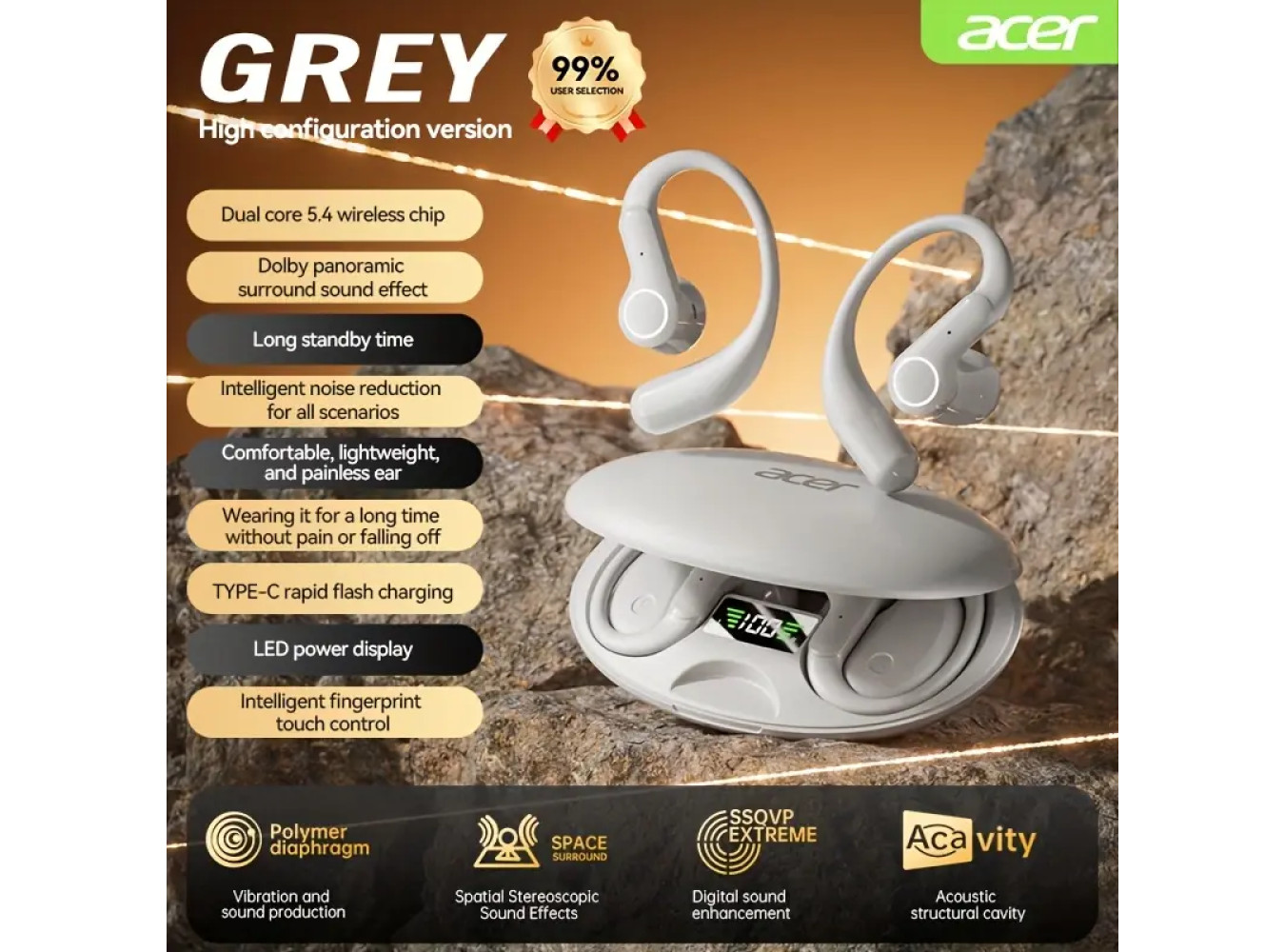 Acer True Wireless Earbuds [Grey Color]