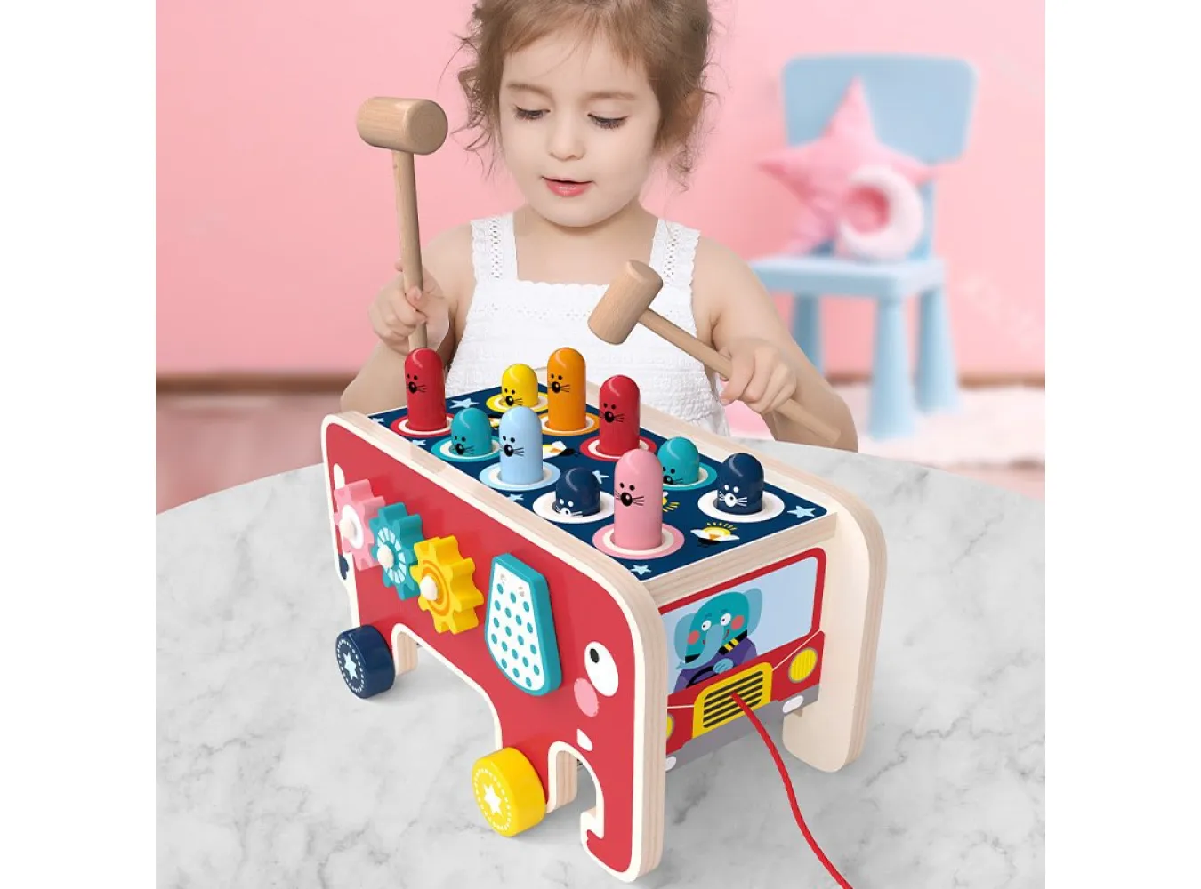 Montessori Toddlers Kids Wooden Pounding Bench Animal Bus Toys Early Educational Set Gifts For Children Toy Musical Instrument